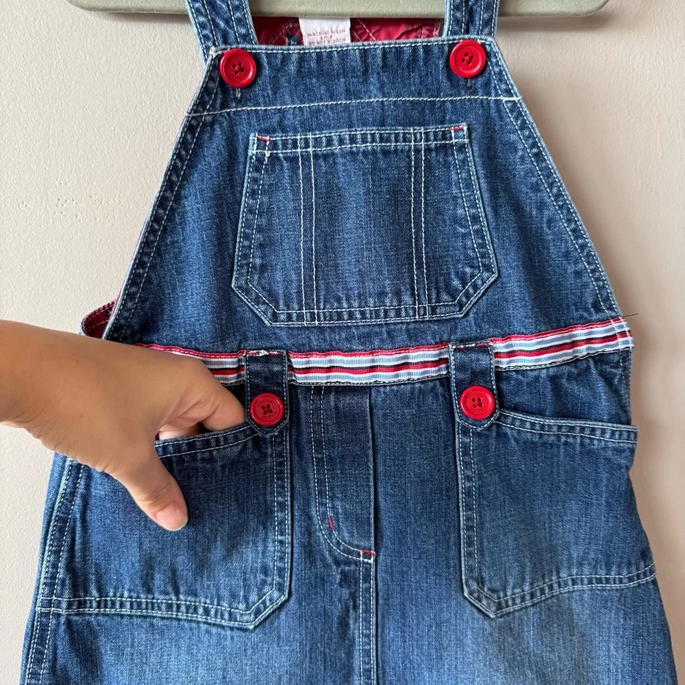 Vintage 2003 Gymboree Toddler Red Buttons Blue Denim‎ Overalls Dress Size 4